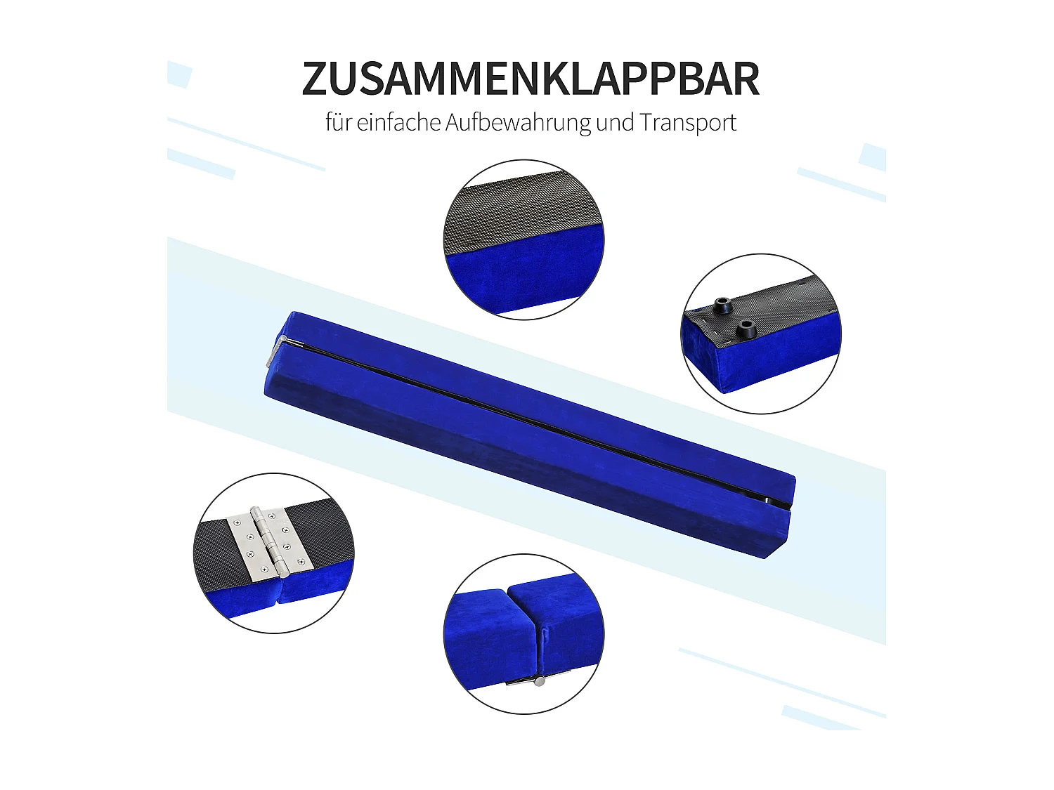 Poutre de gymnastique pliable pour intérieur et extérieur, en cuir suédé, jusqu'à 120 kg, bleu (210x10x6.5 cm)