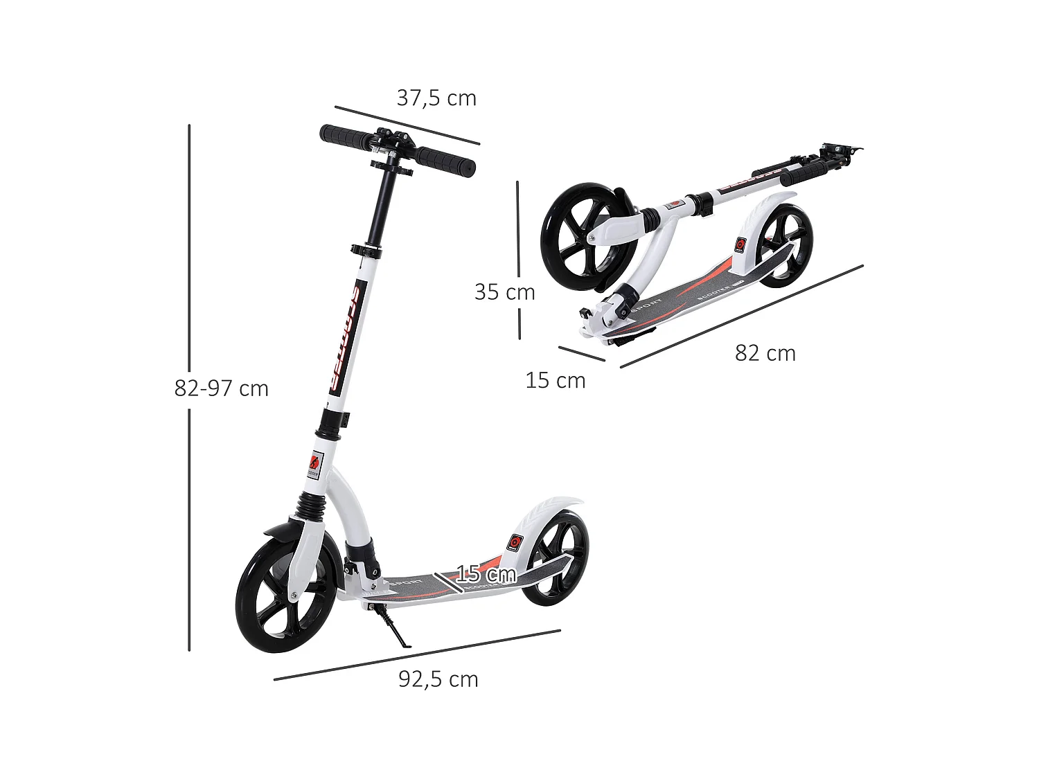 Trottinette pliable réglable en hauteur avec amortisseur, aluminium, blanc (92.5x37.5x87-101.5cm)