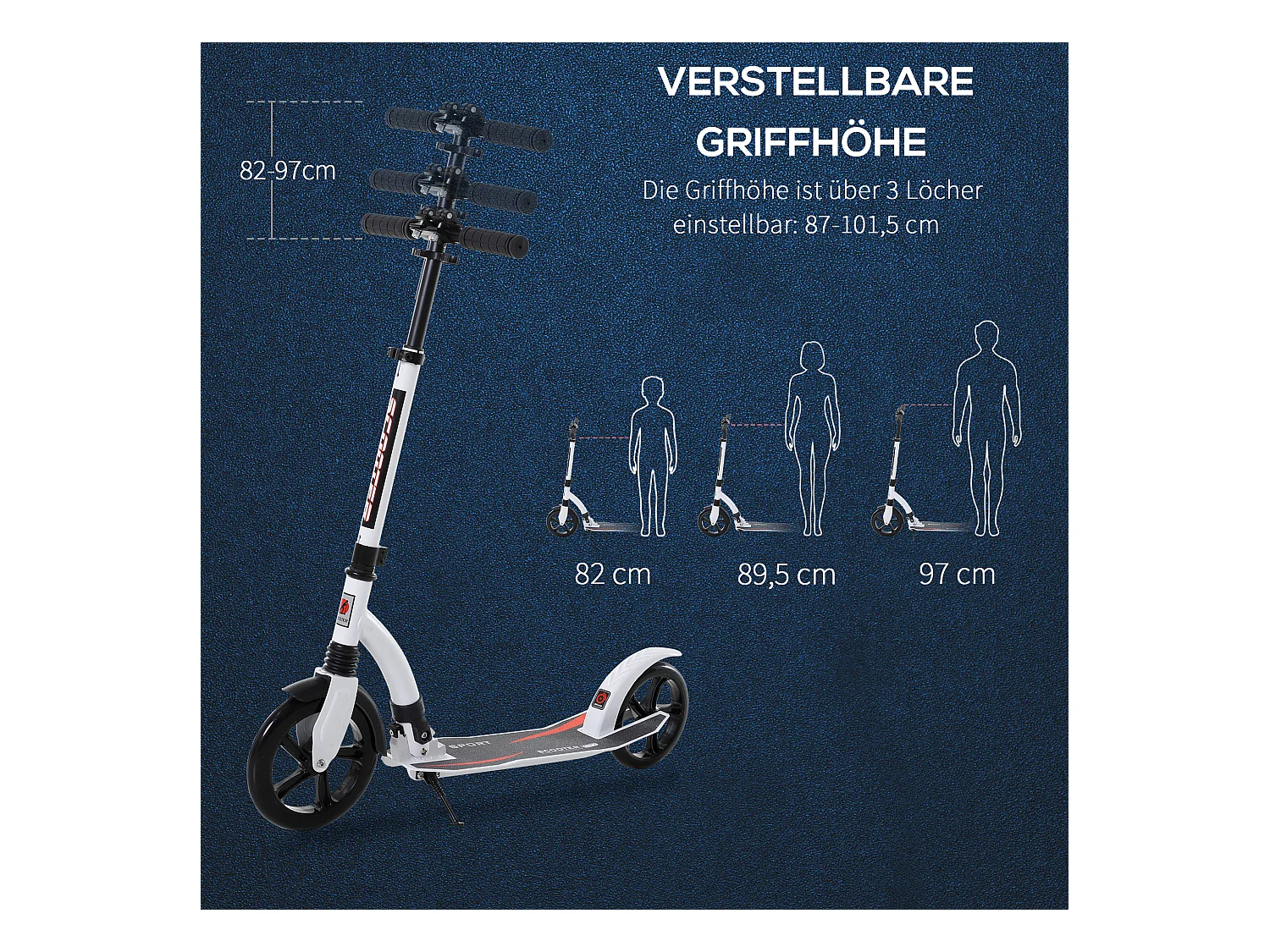 Trottinette pliable réglable en hauteur avec amortisseur, aluminium, blanc (92.5x37.5x87-101.5cm)