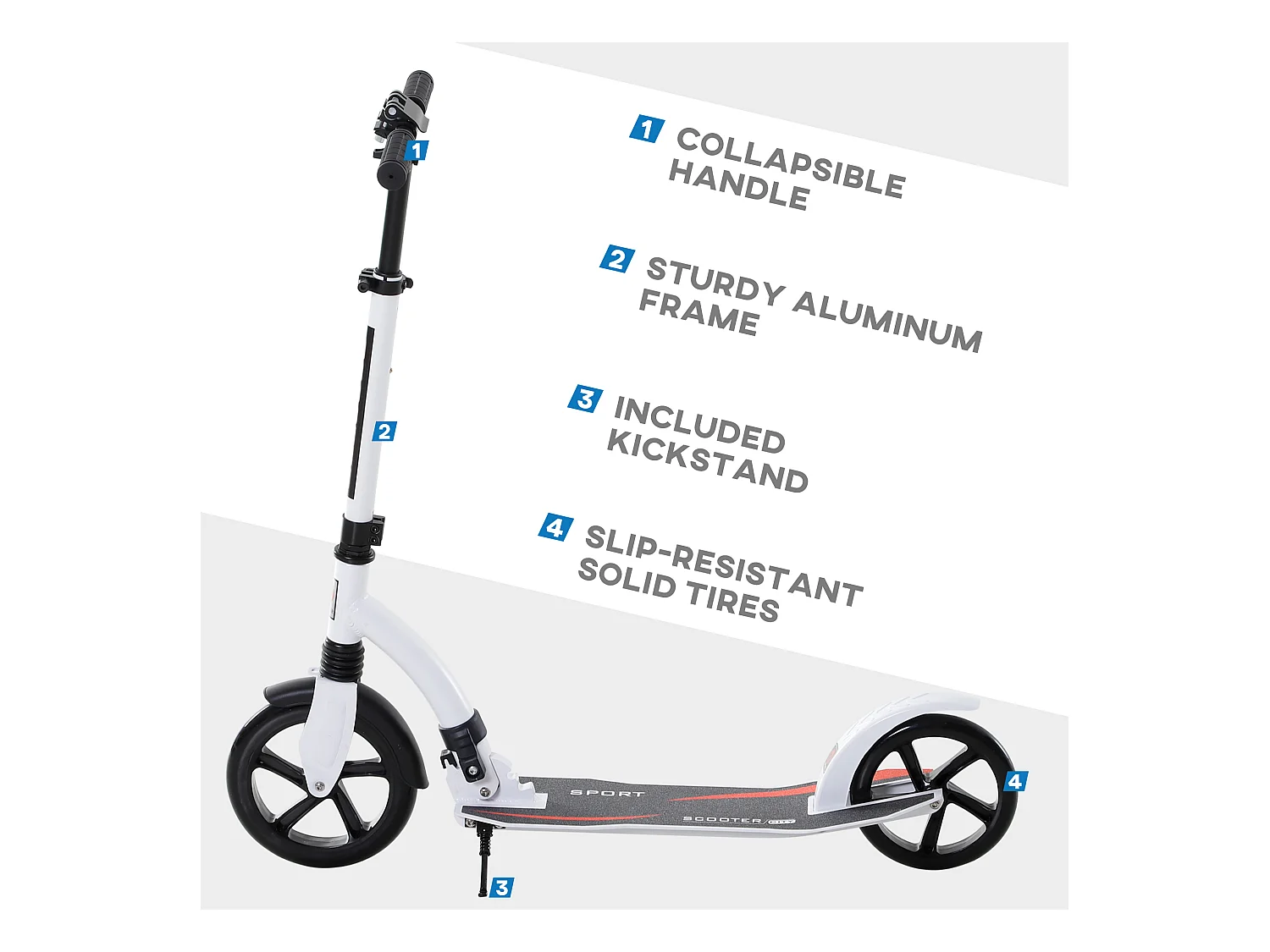 Trottinette pliable réglable en hauteur avec amortisseur, aluminium, blanc (92.5x37.5x87-101.5cm)