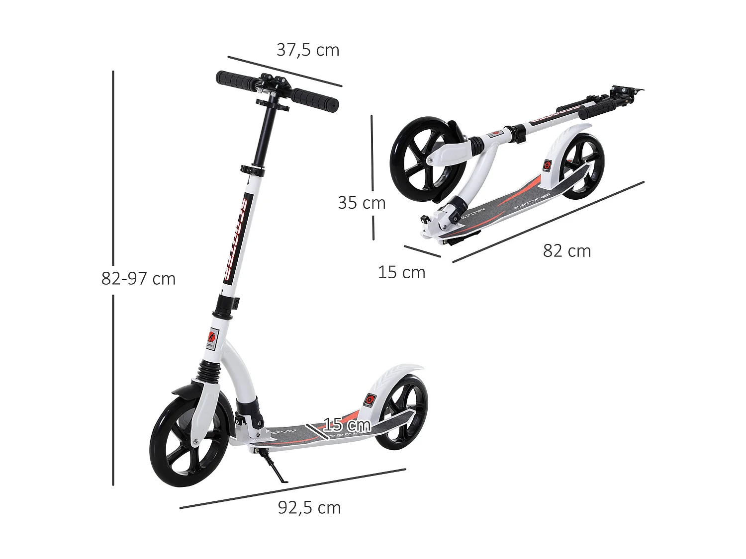 Trottinette pliable réglable en hauteur avec amortisseur, aluminium, blanc (92.5x37.5x87-101.5cm)