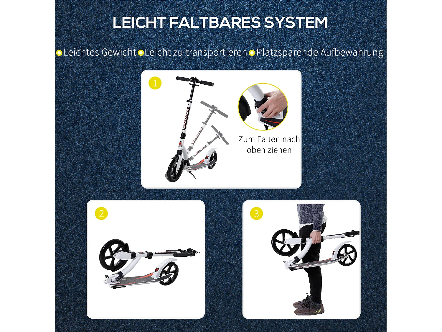 Trottinette pliable réglable en hauteur avec amortisseur, aluminium, blanc (92.5x37.5x87-101.5cm)