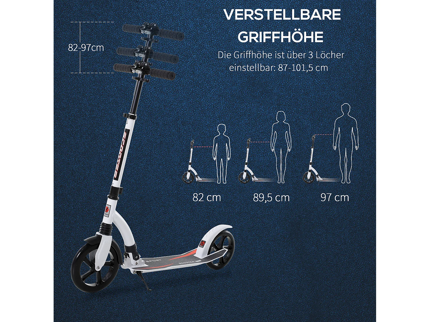 Trottinette pliable réglable en hauteur avec amortisseur, aluminium, blanc (92.5x37.5x87-101.5cm)