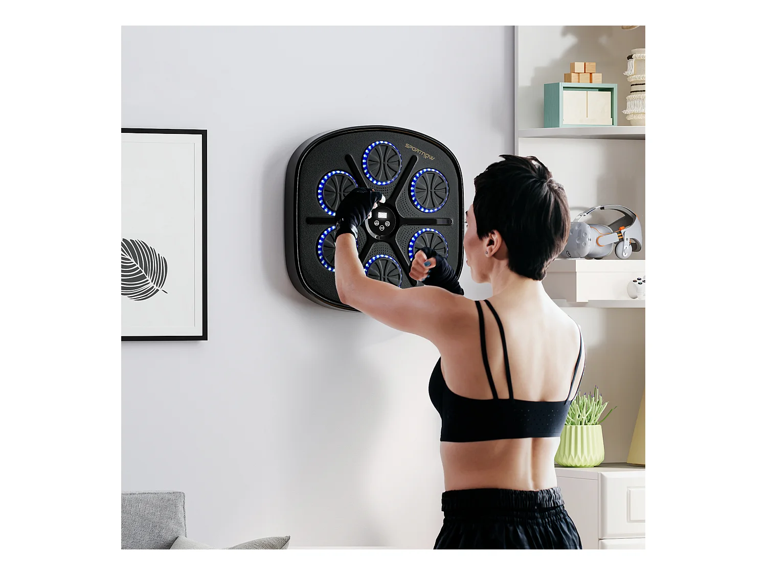 Machine à Boxe avec musique, Bluetooth, LED, montage mural, pour adultes, noir (41.8x44.6x7.5 cm)