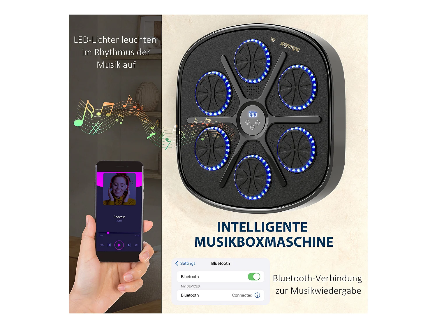 Machine à Boxe avec musique, Bluetooth, LED, montage mural, pour adultes, noir (41.8x44.6x7.5 cm)