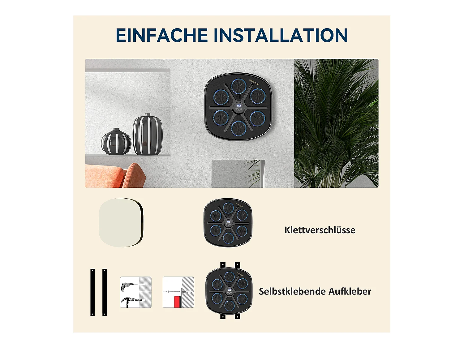 Machine à Boxe avec musique, Bluetooth, LED, montage mural, pour adultes, noir (41.8x44.6x7.5 cm)