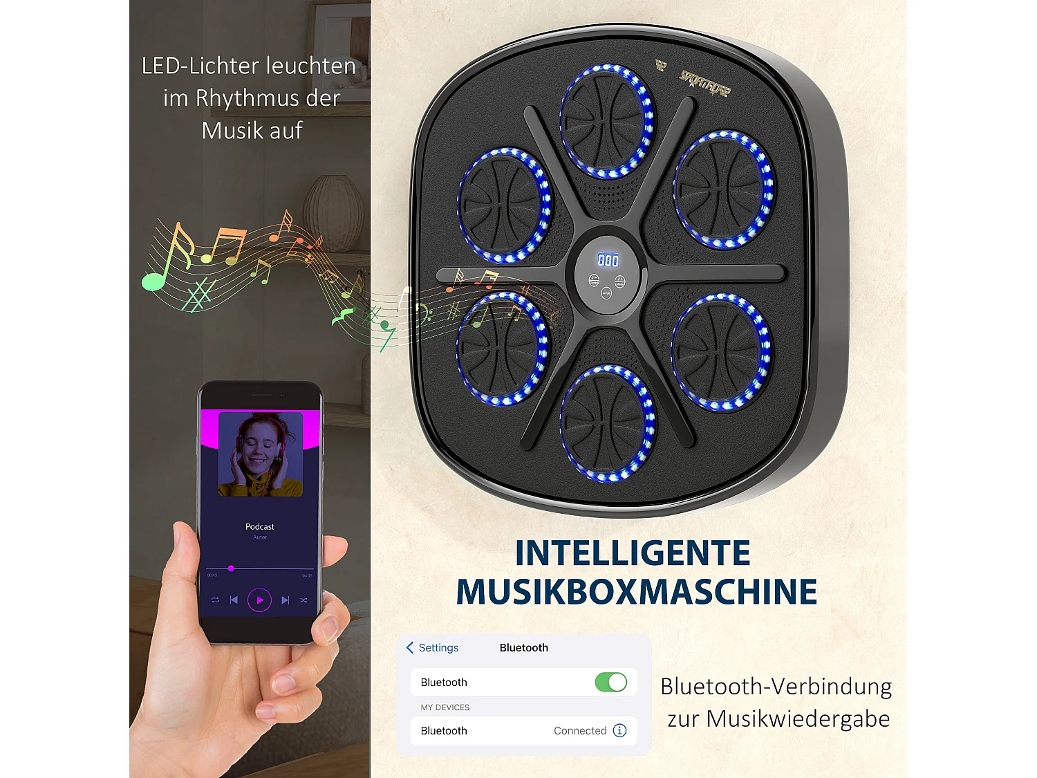 Machine à Boxe avec musique, Bluetooth, LED, montage mural, pour adultes, noir (41.8x44.6x7.5 cm)