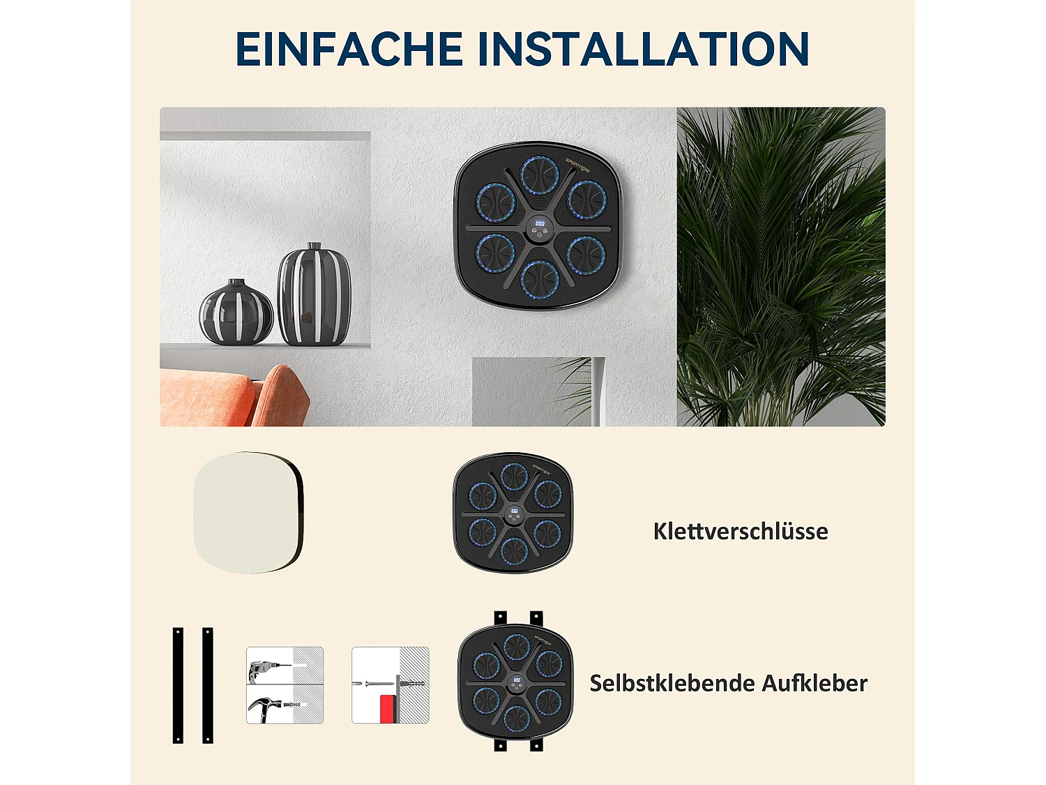 Machine à Boxe avec musique, Bluetooth, LED, montage mural, pour adultes, noir (41.8x44.6x7.5 cm)