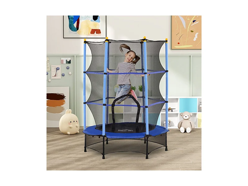 Trampoline pour enfants avec filet de sécurité, Ø140 cm, acier et plastique, bleu (140x140x190cm)