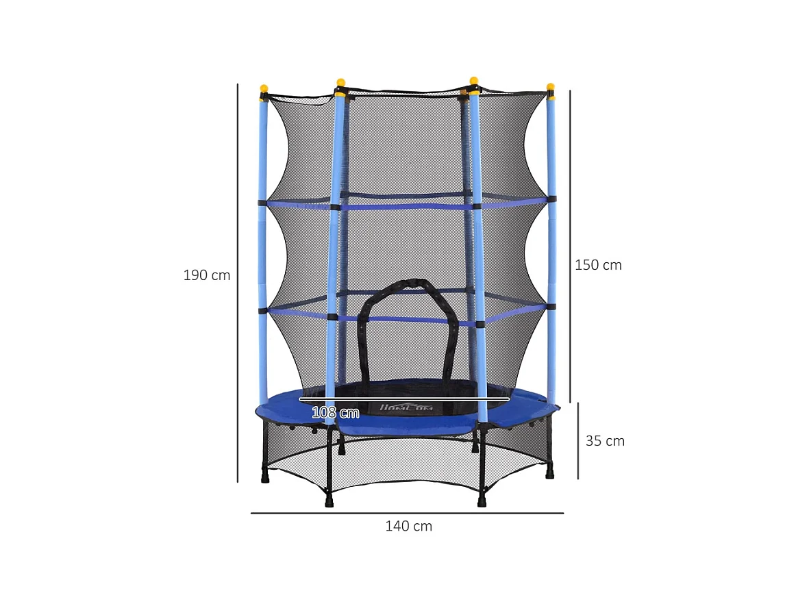 Trampoline pour enfants avec filet de sécurité, Ø140 cm, acier et plastique, bleu (140x140x190cm)
