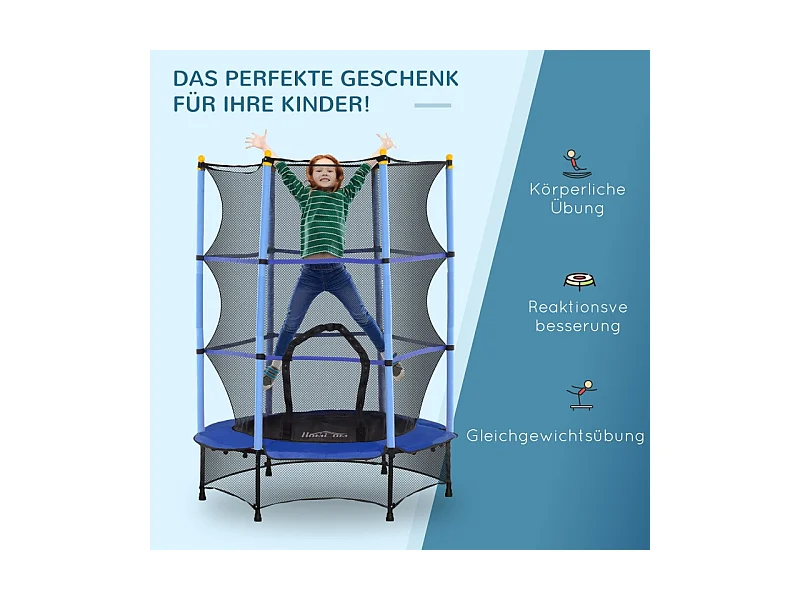 Trampoline pour enfants avec filet de sécurité, Ø140 cm, acier et plastique, bleu (140x140x190cm)