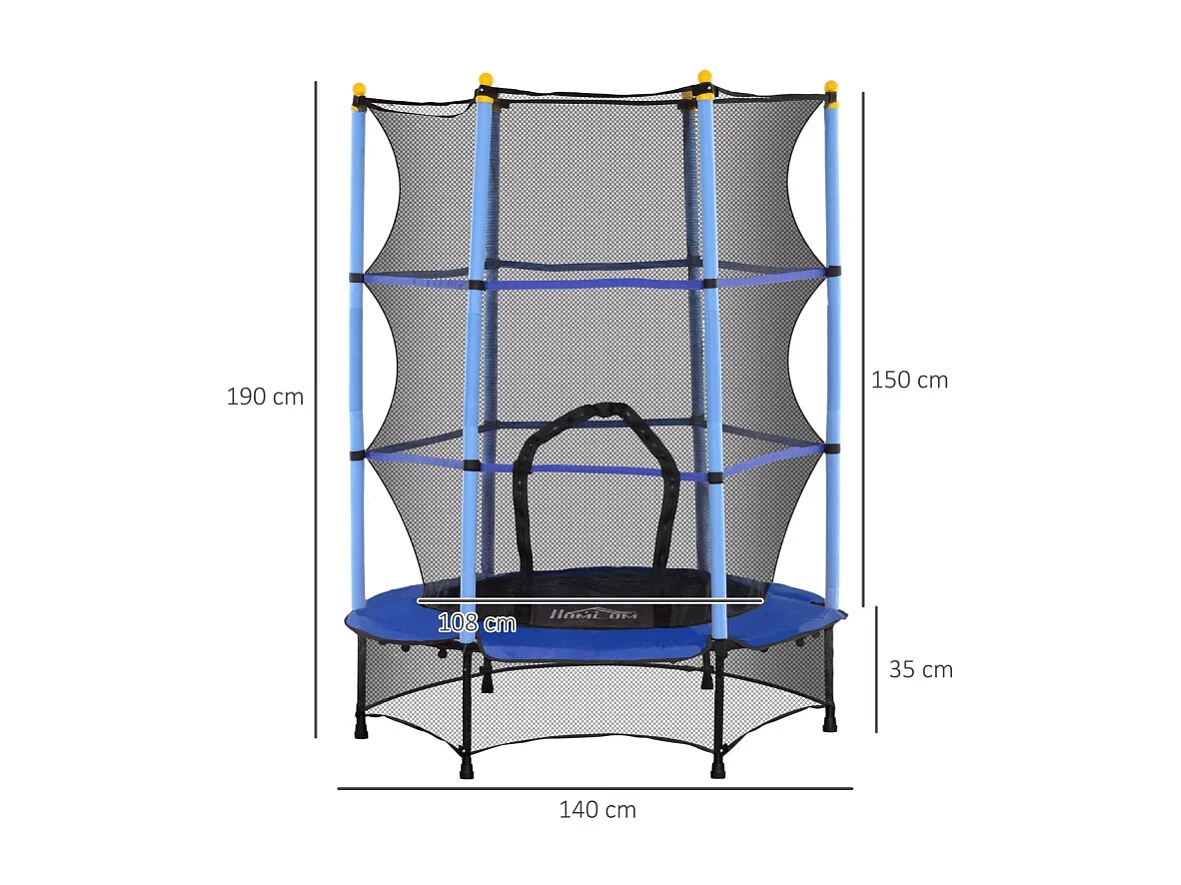 Trampoline pour enfants avec filet de sécurité, Ø140 cm, acier et plastique, bleu (140x140x190cm)