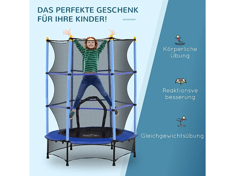 Trampoline pour enfants avec filet de sécurité, Ø140 cm, acier et plastique, bleu (140x140x190cm)