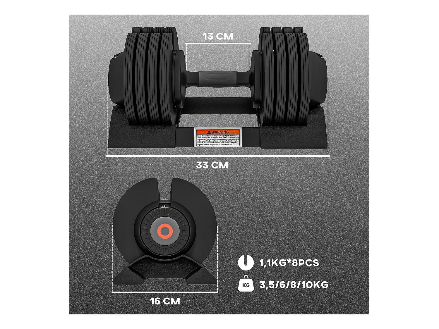 Haltère réglable 3,5-10kg avec support, plastique ABS et acier, noir (33x16x16cm)