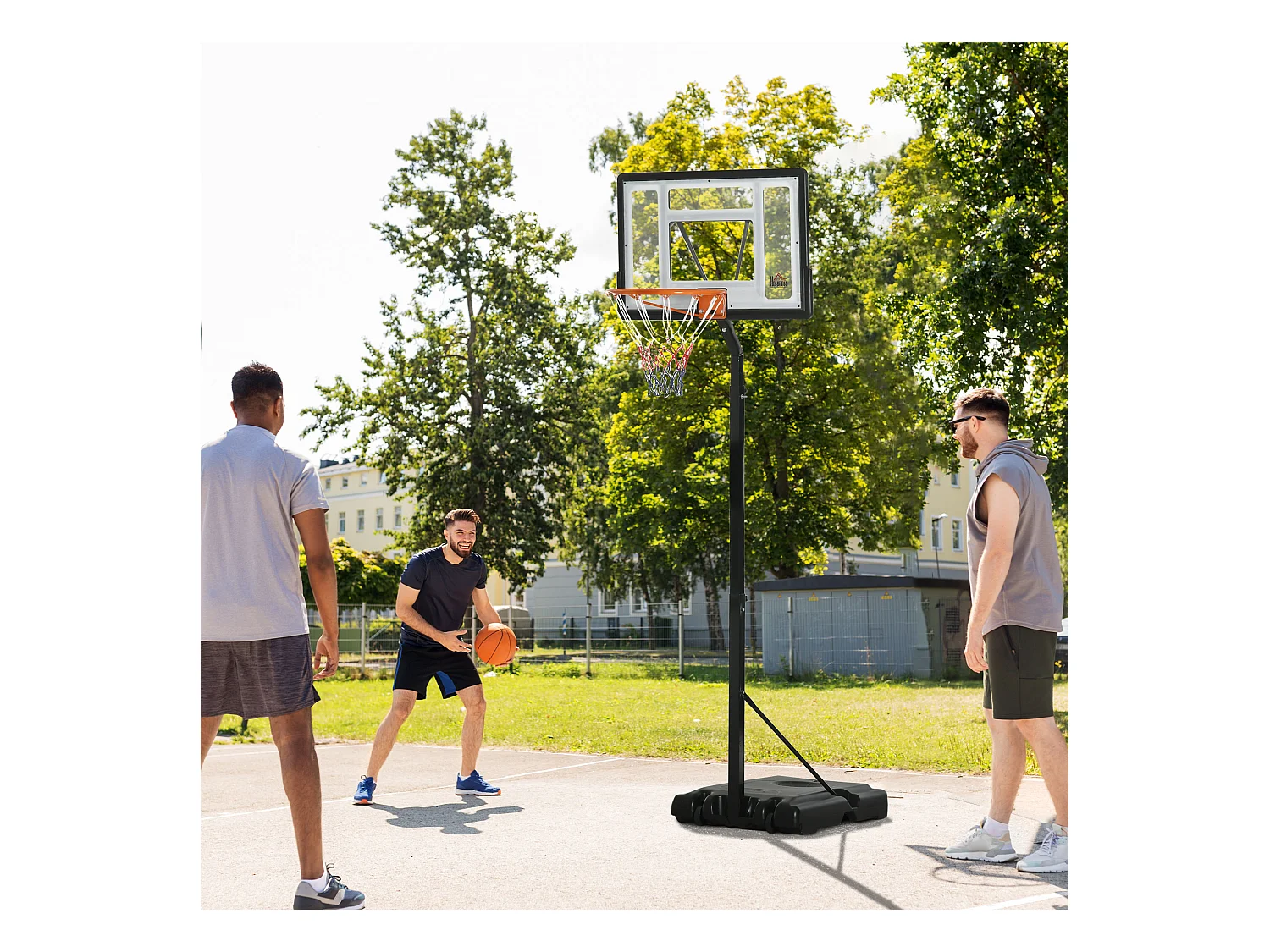 Panier de basket réglable en hauteur 260-310 cm avec roulettes, cadre en acier et PVC, noir (90x60x310cm)