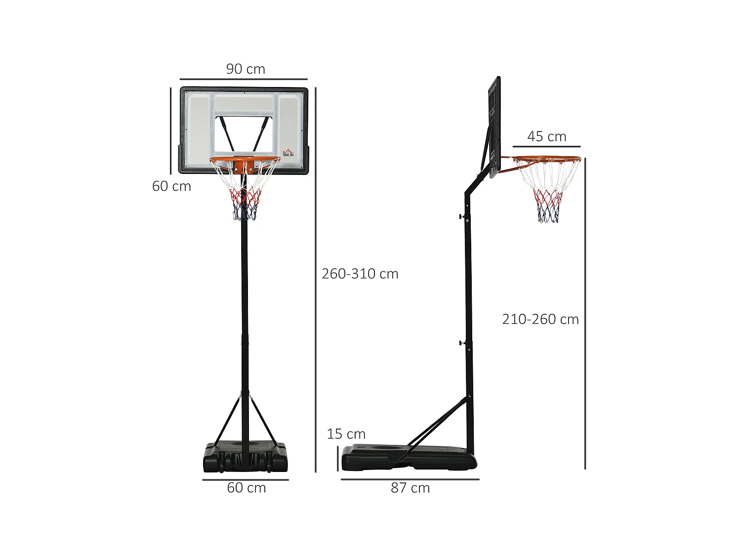 Panier de basket réglable en hauteur 260-310 cm avec roulettes, cadre en acier et PVC, noir (90x60x310cm)