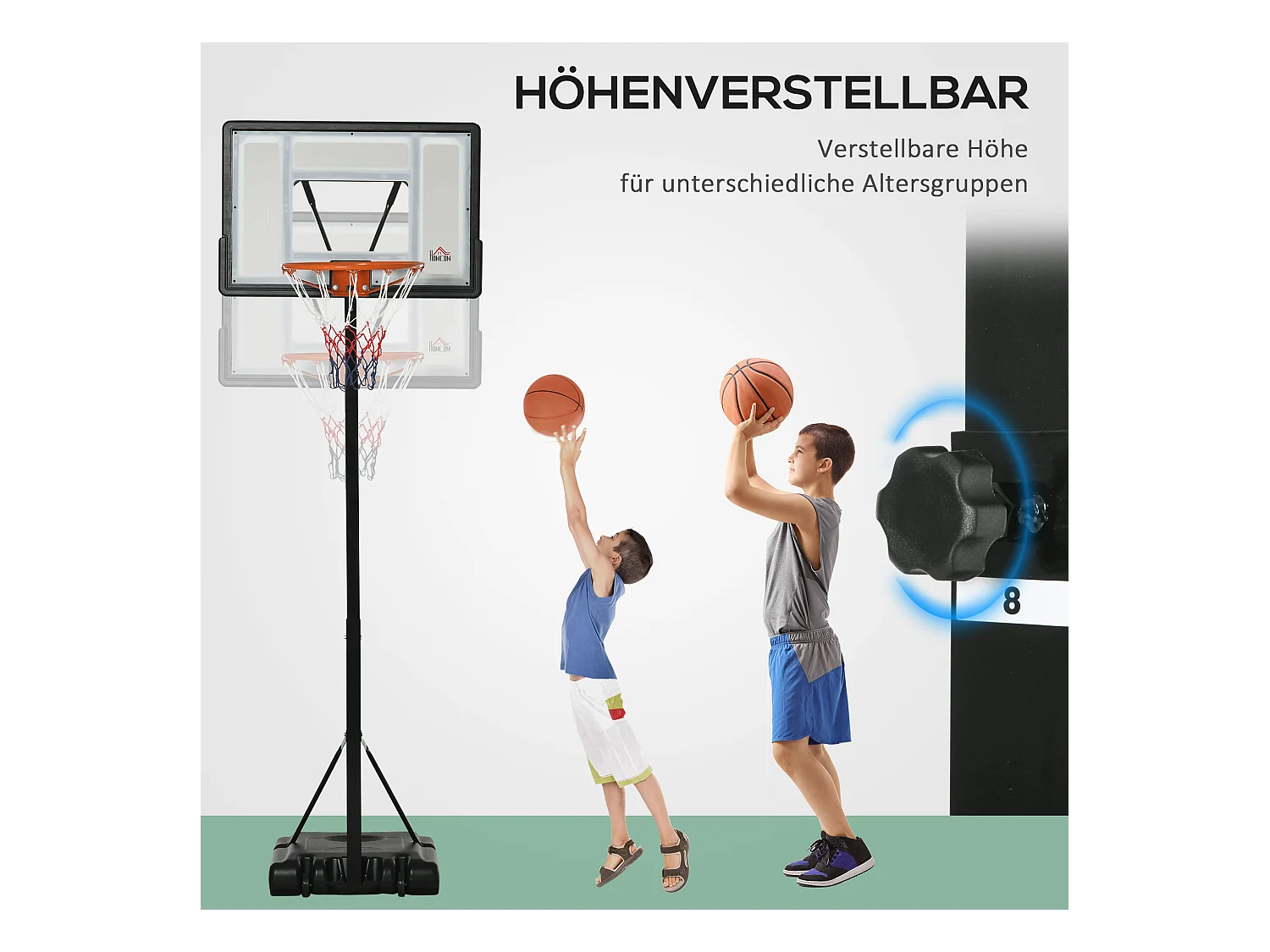 Panier de basket réglable en hauteur 260-310 cm avec roulettes, cadre en acier et PVC, noir (90x60x310cm)