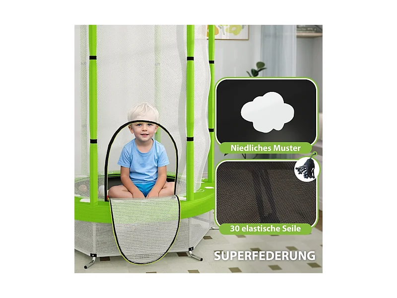 Trampoline pour enfants avec filet de sécurité, motif nuages, plastique, vert (140x140x190cm)