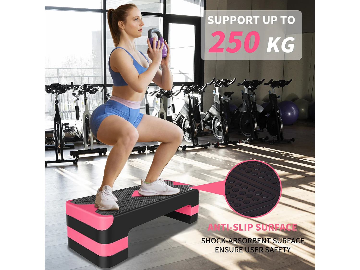 Step aérobie réglable pour exercices, plateforme antidérapante, polyéthylène, rouge (68.5x28x10 cm)