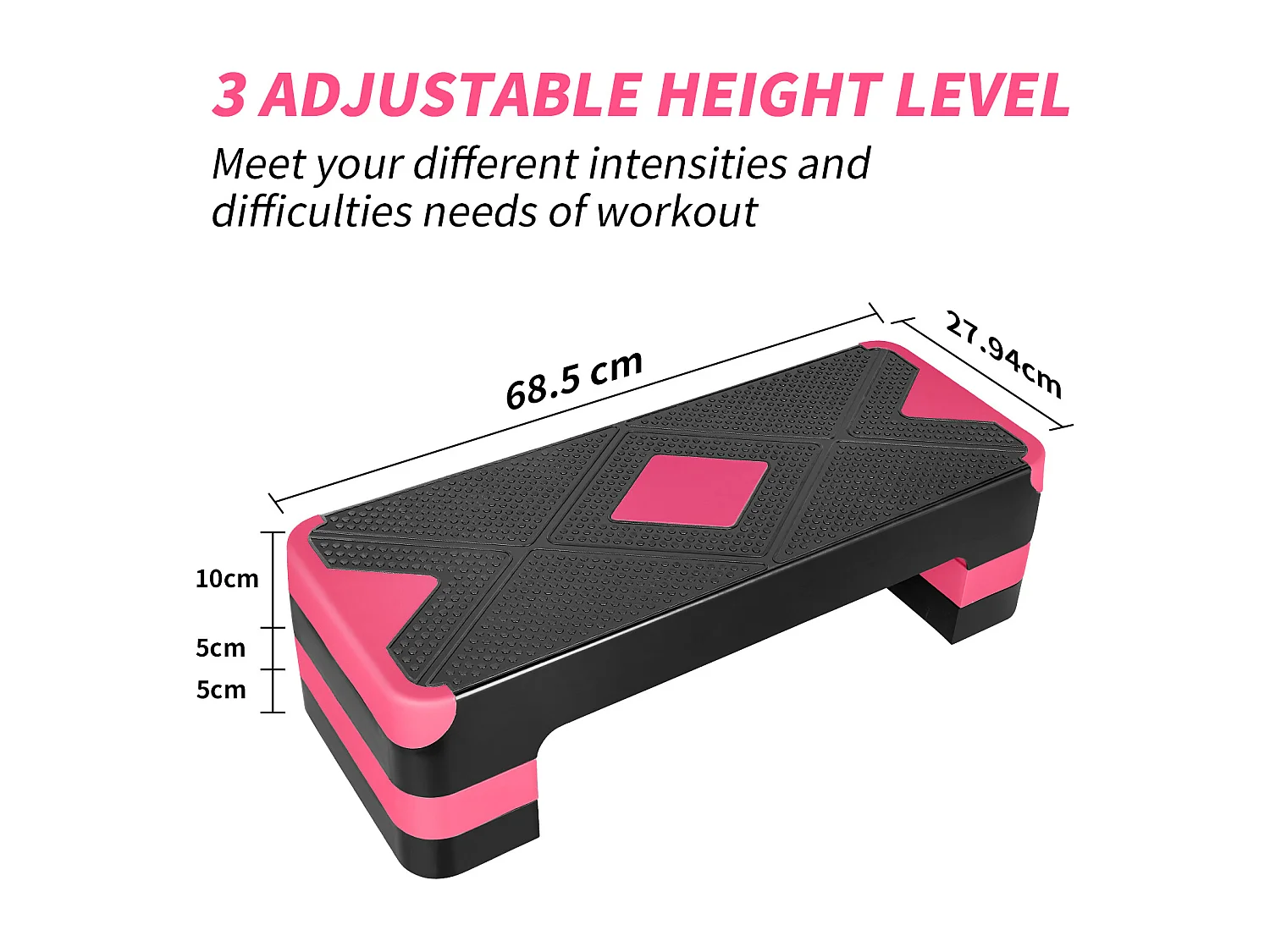 Step aérobie réglable pour exercices, plateforme antidérapante, polyéthylène, rouge (68.5x28x10 cm)