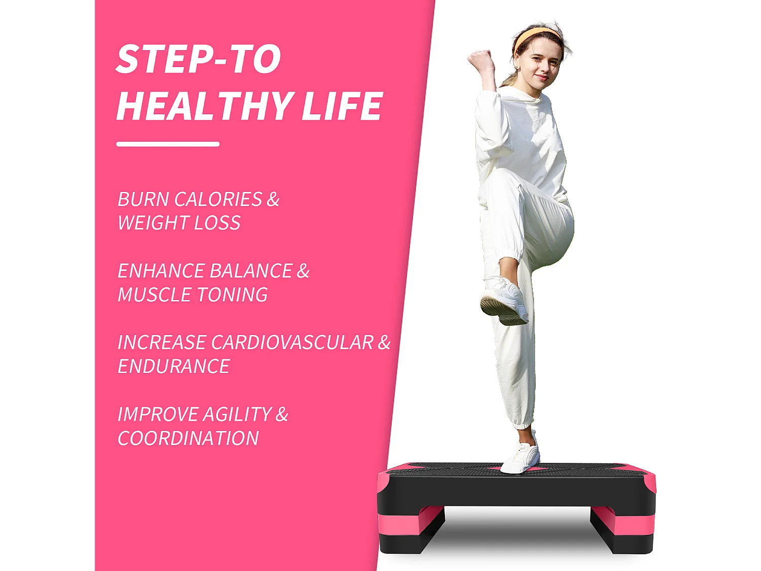 Step aérobie réglable pour exercices, plateforme antidérapante, polyéthylène, rouge (68.5x28x10 cm)