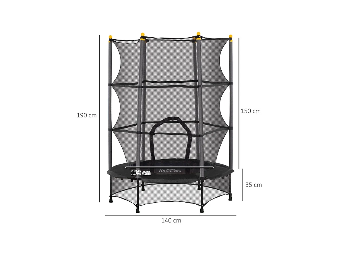 Trampoline pour enfants avec filet de sécurité, acier et plastique, noir (140x140x190cm)