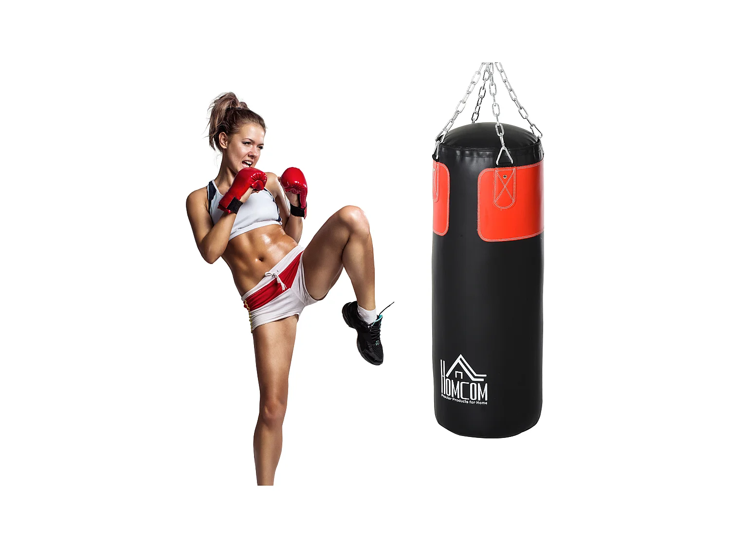 Sac de frappe avec gants, rempli, pour adultes et adolescents, PVC, noir-rouge, Ø30x120 cm (16 kg)