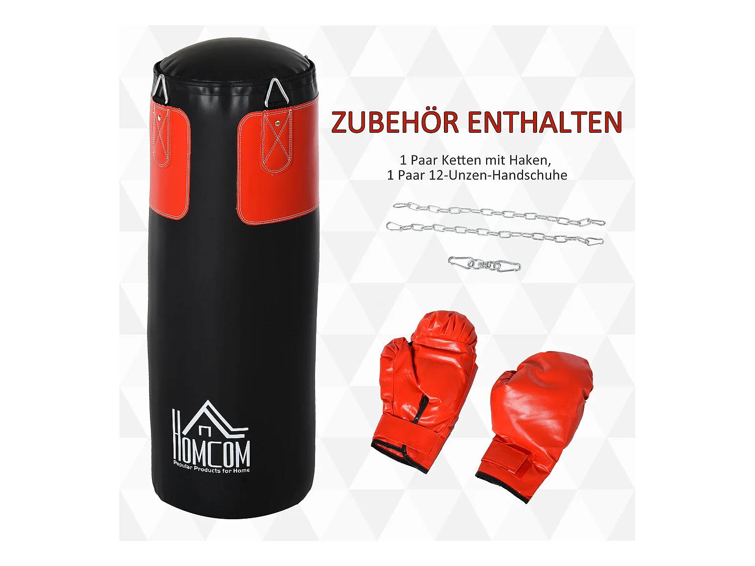 Sac de frappe avec gants, rempli, pour adultes et adolescents, PVC, noir-rouge, Ø30x120 cm (16 kg)