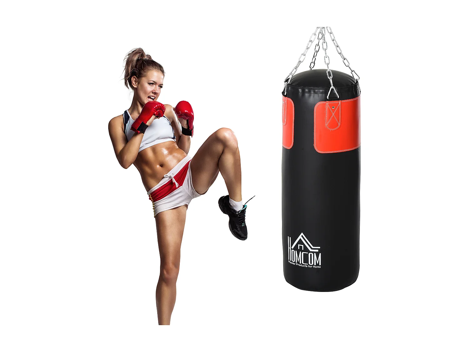 Sac de frappe avec gants, rempli, pour adultes et adolescents, PVC, noir-rouge, Ø30x120 cm (16 kg)