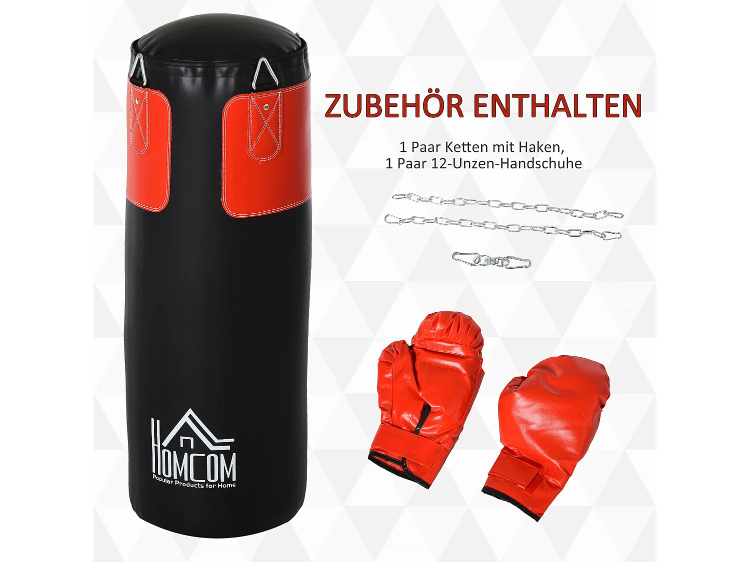 Sac de frappe avec gants, rempli, pour adultes et adolescents, PVC, noir-rouge, Ø30x120 cm (16 kg)