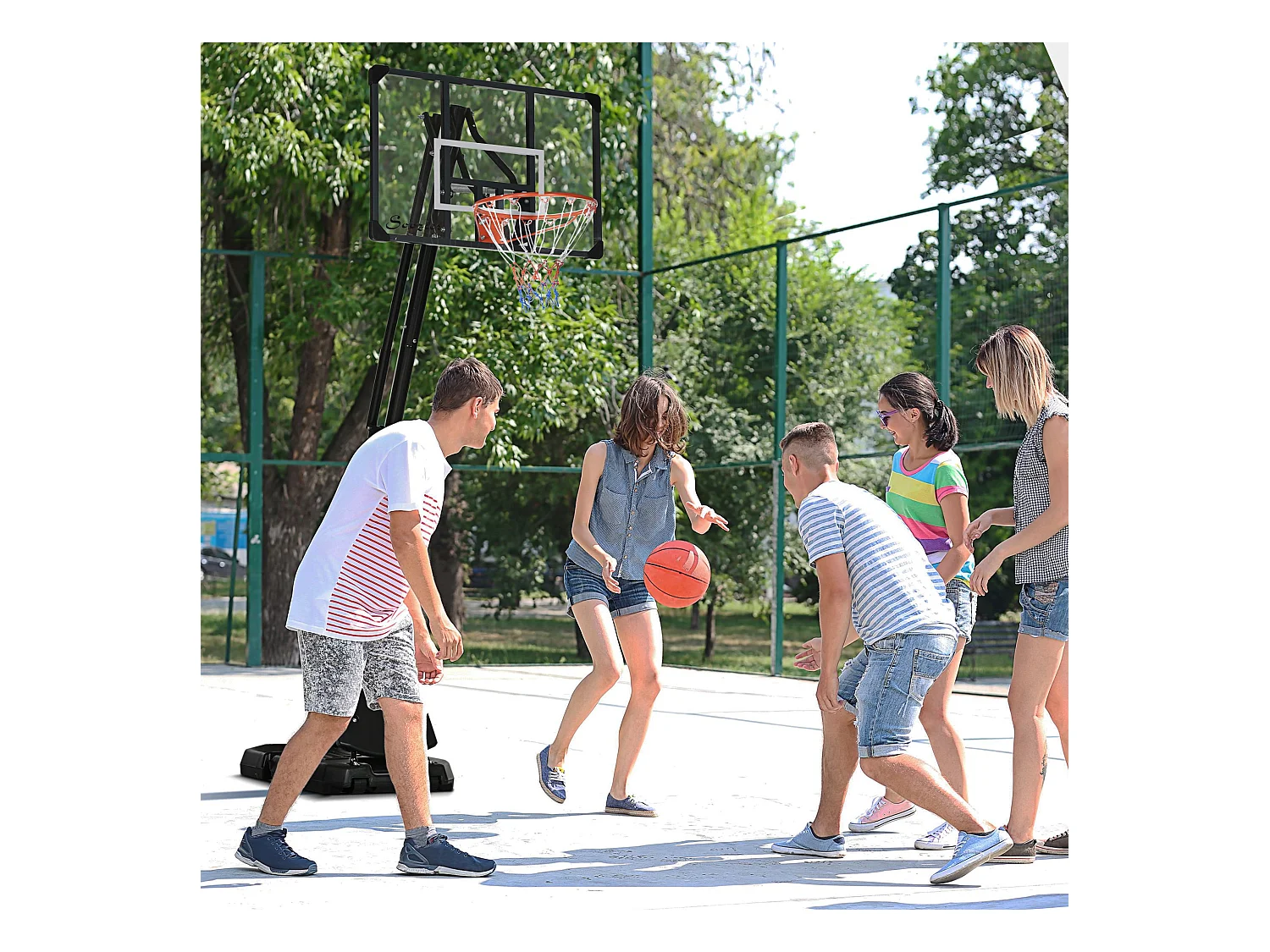 Panier de basketball réglable en hauteur 293-350 cm, avec panneau en acier et roulettes pour jardin et terrain de sport, noir (111x70.5x350 cm)