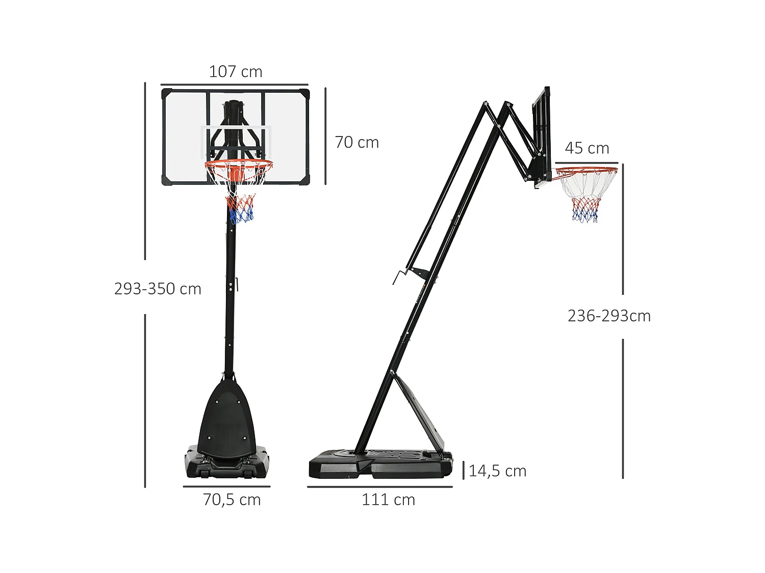 Panier de basketball réglable en hauteur 293-350 cm, avec panneau en acier et roulettes pour jardin et terrain de sport, noir (111x70.5x350 cm)