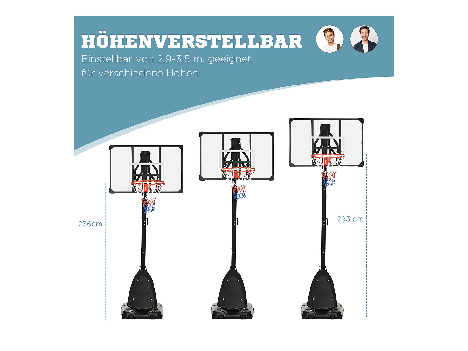 Panier de basketball réglable en hauteur 293-350 cm, avec panneau en acier et roulettes pour jardin et terrain de sport, noir (111x70.5x350 cm)