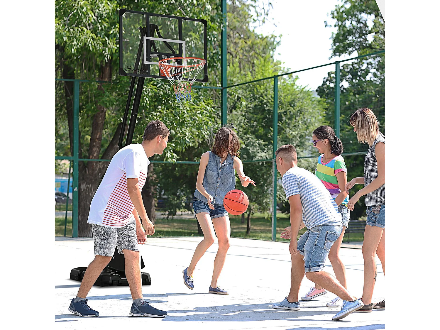 Panier de basketball réglable en hauteur 293-350 cm, avec panneau en acier et roulettes pour jardin et terrain de sport, noir (111x70.5x350 cm)