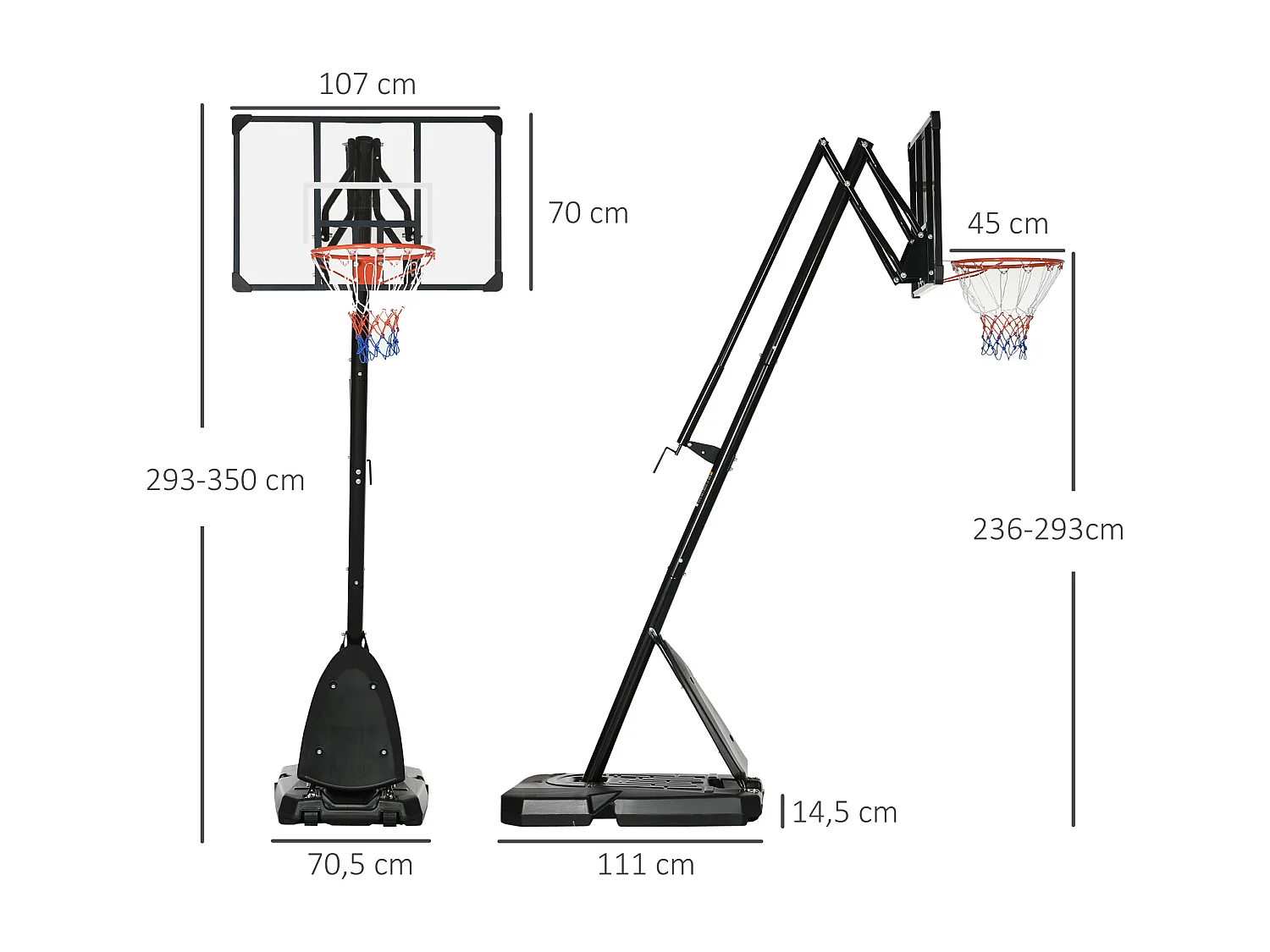 Panier de basketball réglable en hauteur 293-350 cm, avec panneau en acier et roulettes pour jardin et terrain de sport, noir (111x70.5x350 cm)
