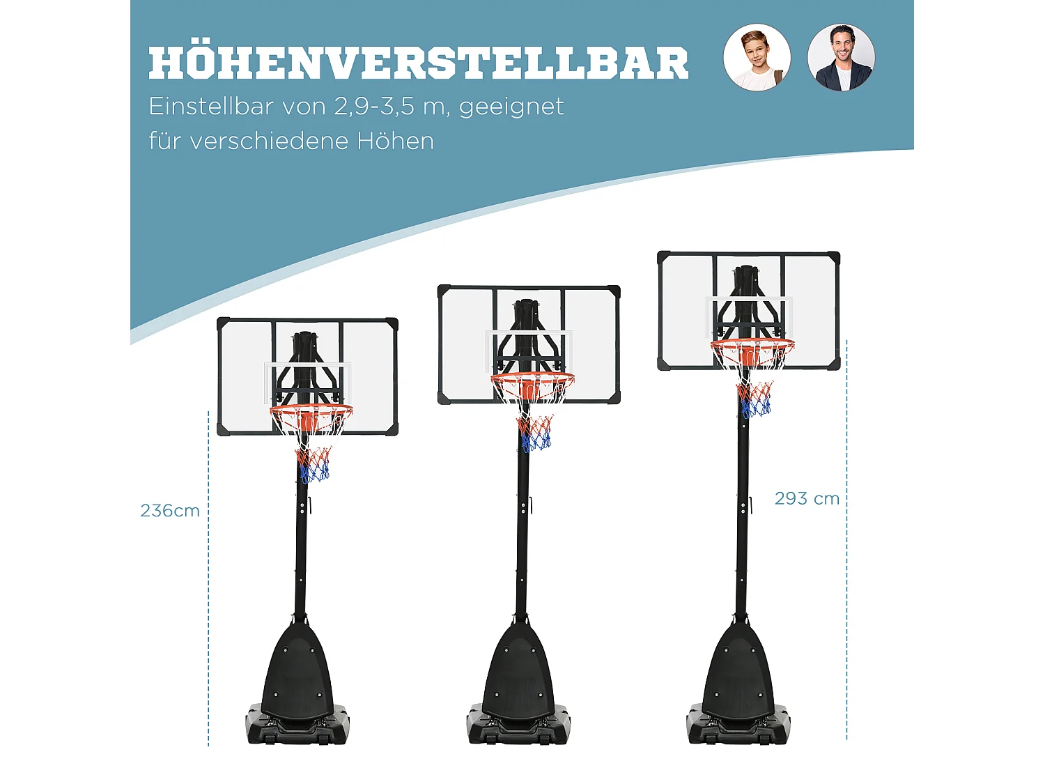 Panier de basketball réglable en hauteur 293-350 cm, avec panneau en acier et roulettes pour jardin et terrain de sport, noir (111x70.5x350 cm)