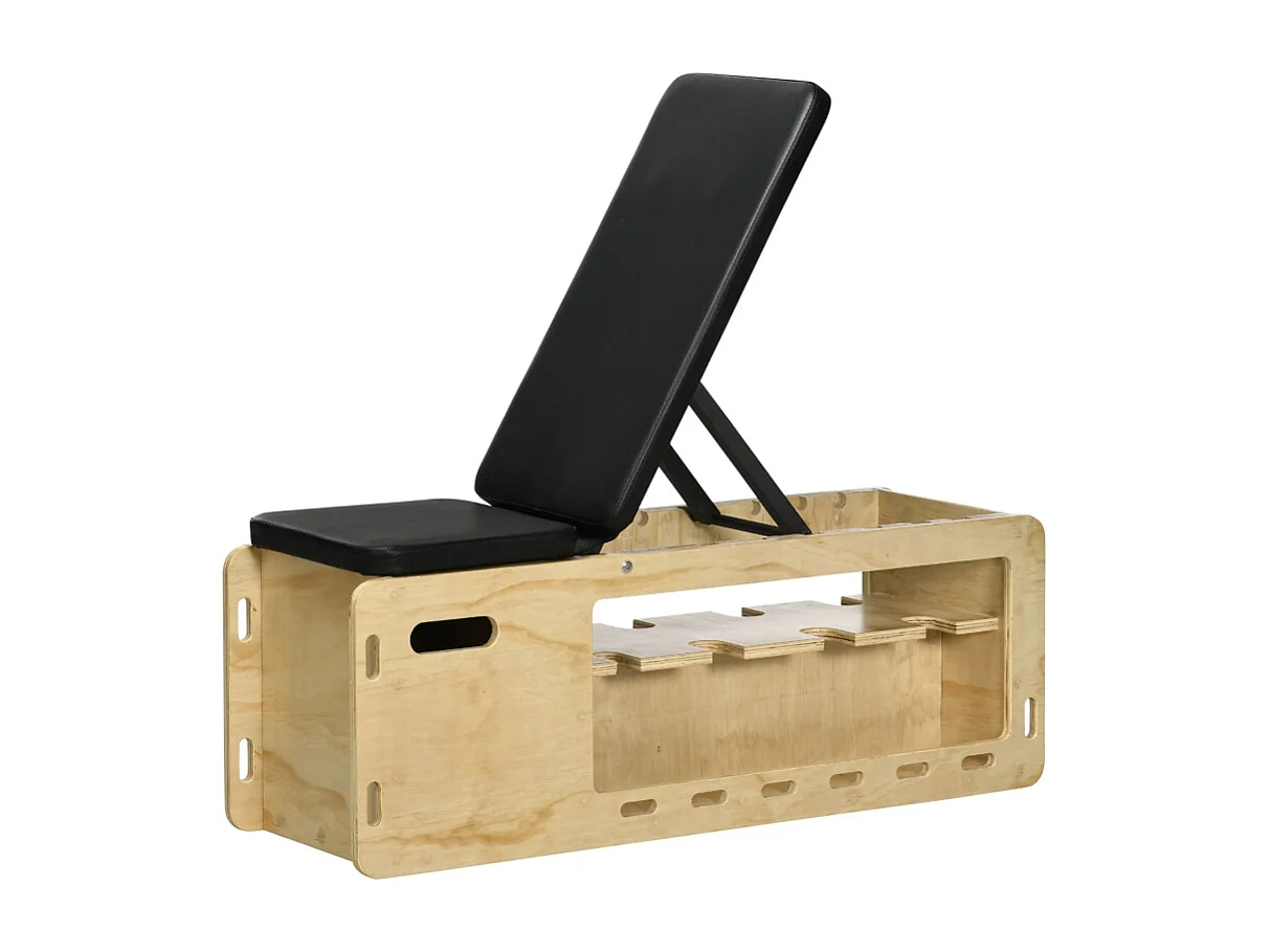 Banco de pesas ajustable con almacenamiento y bandas de resistencia, madera maciza, natural (110x35x107 cm)