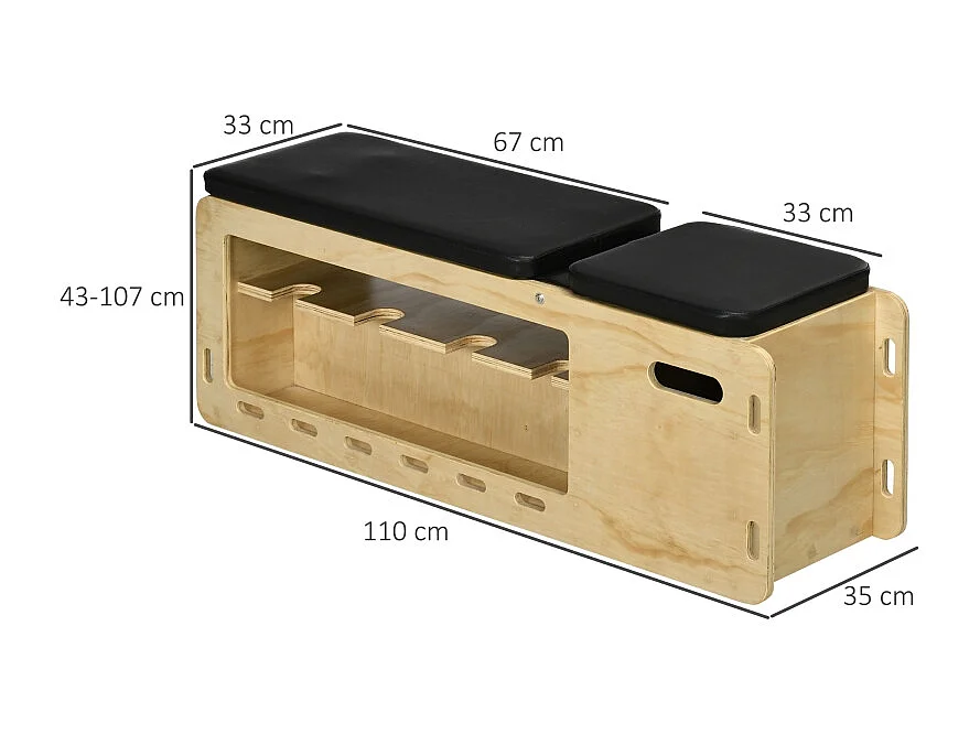 Banco de pesas ajustable con almacenamiento y bandas de resistencia, madera maciza, natural (110x35x107 cm)