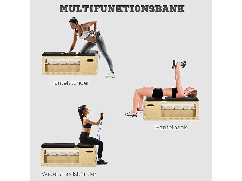 Banco de pesas ajustable con almacenamiento y bandas de resistencia, madera maciza, natural (110x35x107 cm)