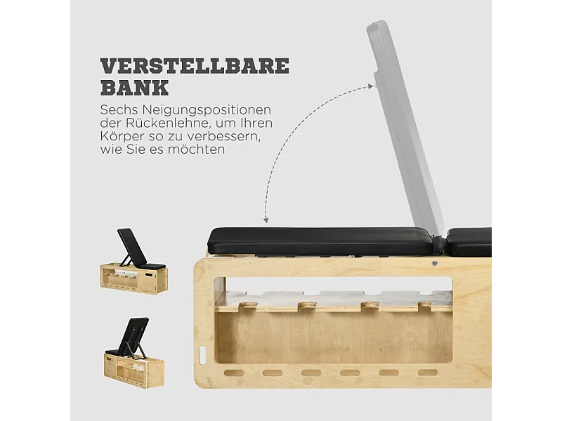 Banco de pesas ajustable con almacenamiento y bandas de resistencia, madera maciza, natural (110x35x107 cm)