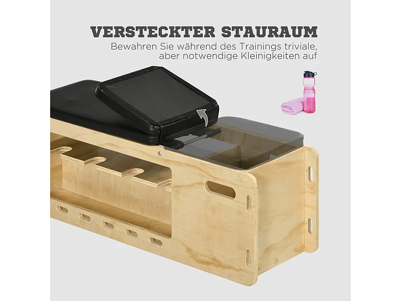 Banco de pesas ajustable con almacenamiento y bandas de resistencia, madera maciza, natural (110x35x107 cm)