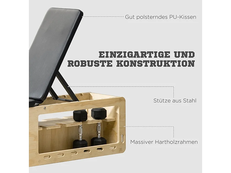 Banco de pesas ajustable con almacenamiento y bandas de resistencia, madera maciza, natural (110x35x107 cm)