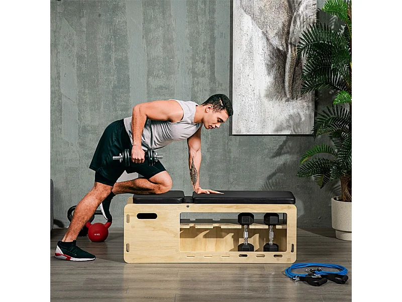 Panca pesi regolabile con contenitore e fasce di resistenza, legno massello, naturale (110x35x107 cm)