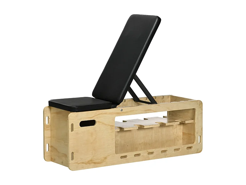 Banc de musculation réglable avec rangement et bandes de résistance, bois massif, naturel (110x35x107 cm)