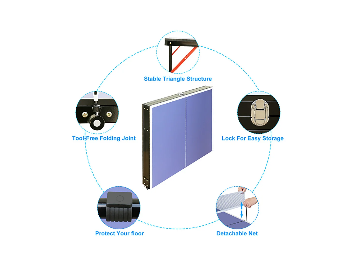 Table de ping-pong pliante portable, surface MDF antidérapante, bleu, avec filet, 2 raquettes et 3 balles (137.2x76.2x66cm)