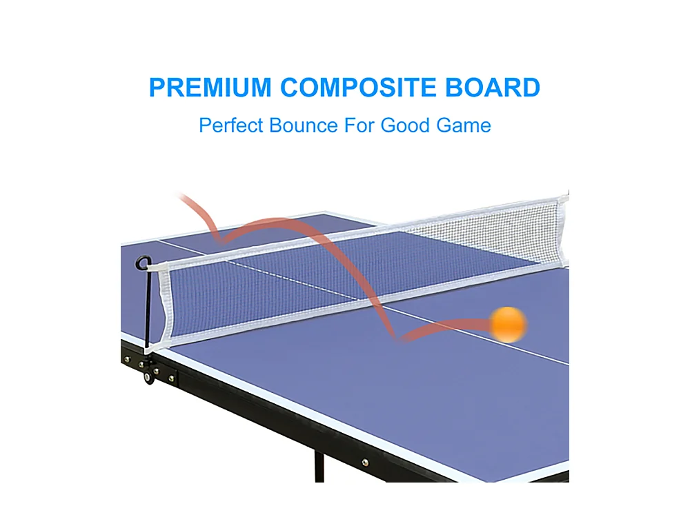 Table de ping-pong pliante portable, surface MDF antidérapante, bleu, avec filet, 2 raquettes et 3 balles (137.2x76.2x66cm)
