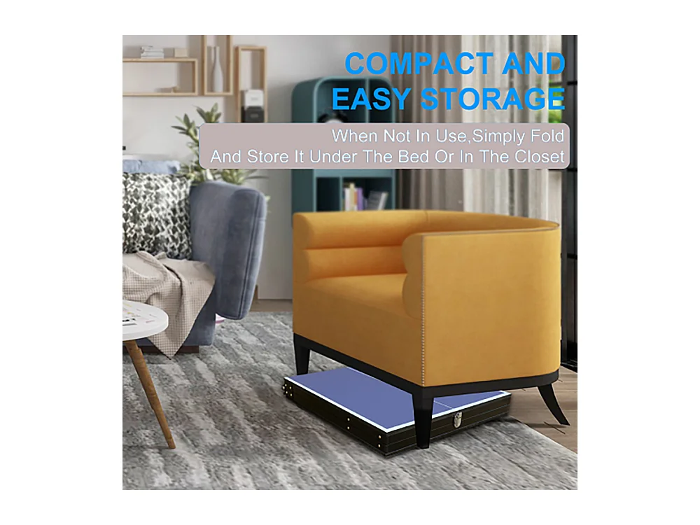 Table de ping-pong pliante portable, surface MDF antidérapante, bleu, avec filet, 2 raquettes et 3 balles (137.2x76.2x66cm)