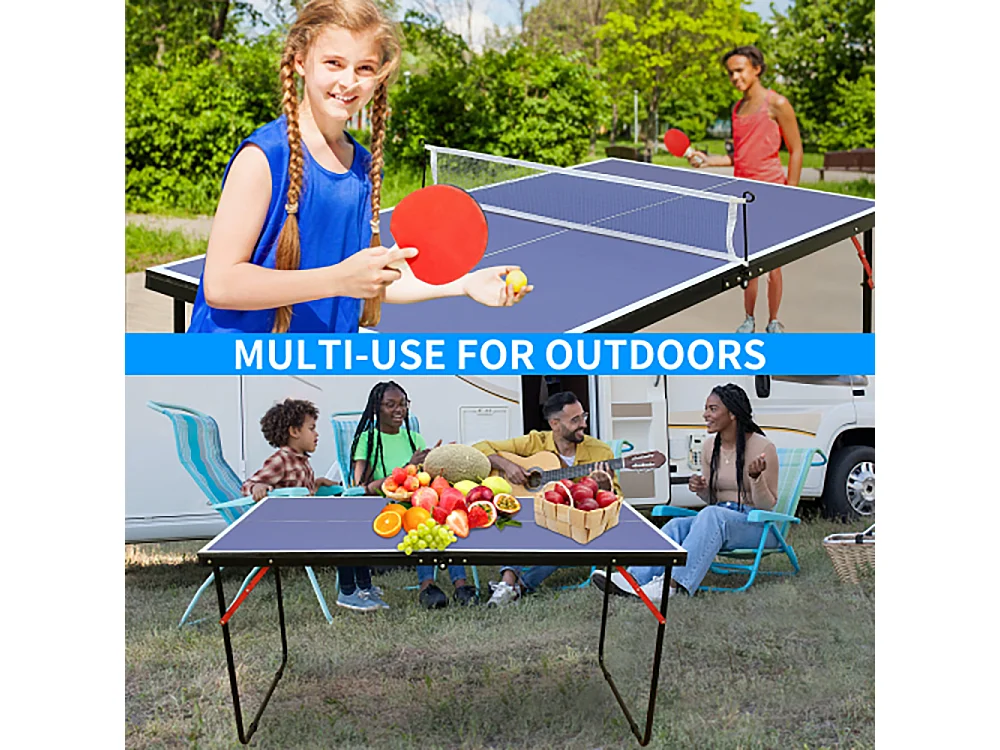 Table de ping-pong pliante portable, surface MDF antidérapante, bleu, avec filet, 2 raquettes et 3 balles (137.2x76.2x66cm)