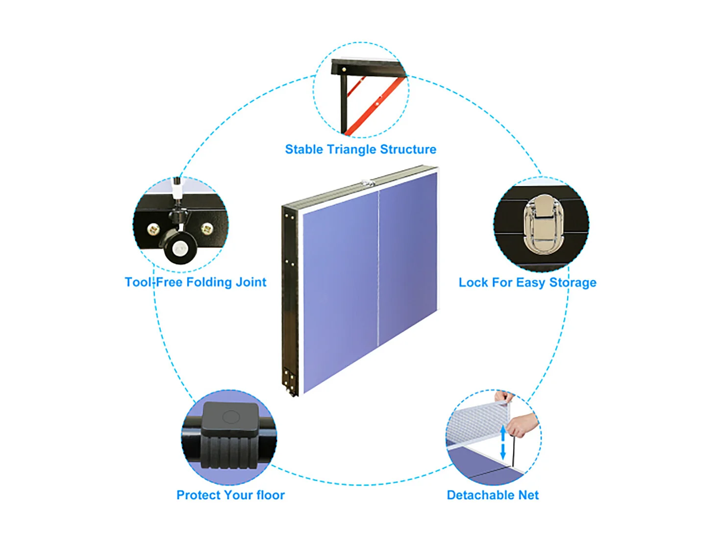 Table de ping-pong pliante portable, surface MDF antidérapante, bleu, avec filet, 2 raquettes et 3 balles (137.2x76.2x66cm)