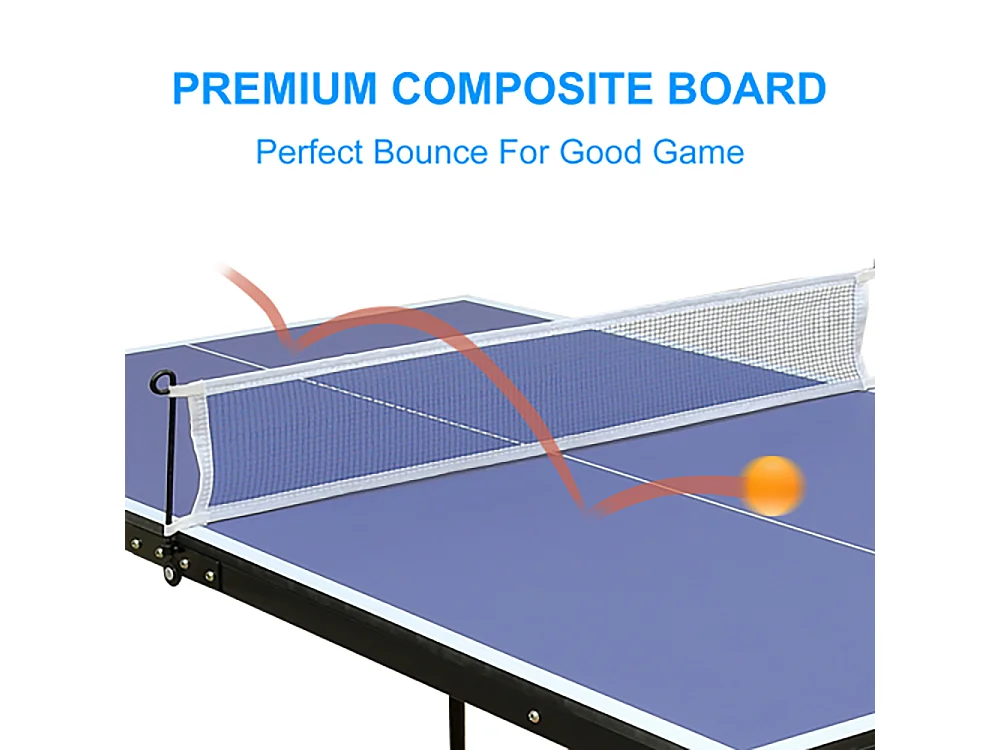 Table de ping-pong pliante portable, surface MDF antidérapante, bleu, avec filet, 2 raquettes et 3 balles (137.2x76.2x66cm)